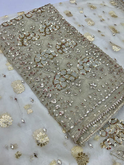 Handmade LCD Gota & Pearl Work Organza Suit - Shirt front with LCD gota and pearls