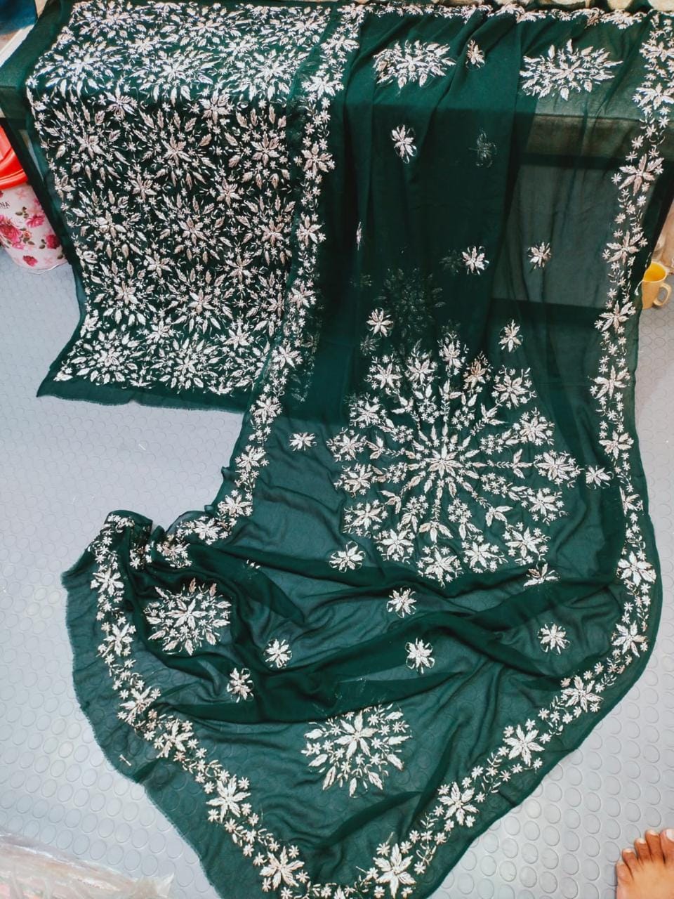 Handmade Marori Gota Full Jaal Chiffon Suit - Bottle Green