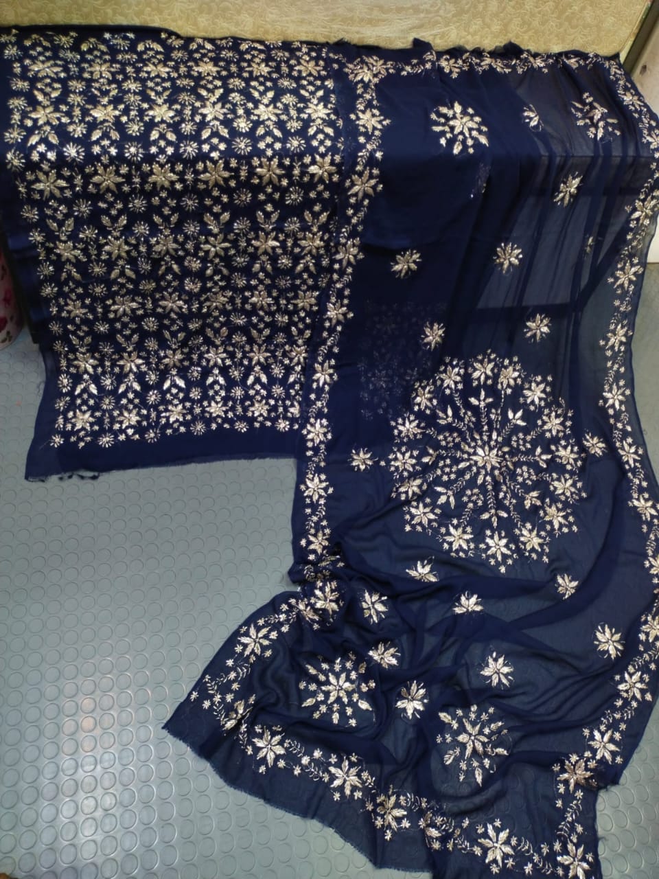 Handmade Marori Gota Full Jaal Chiffon Suit - Navy Blue