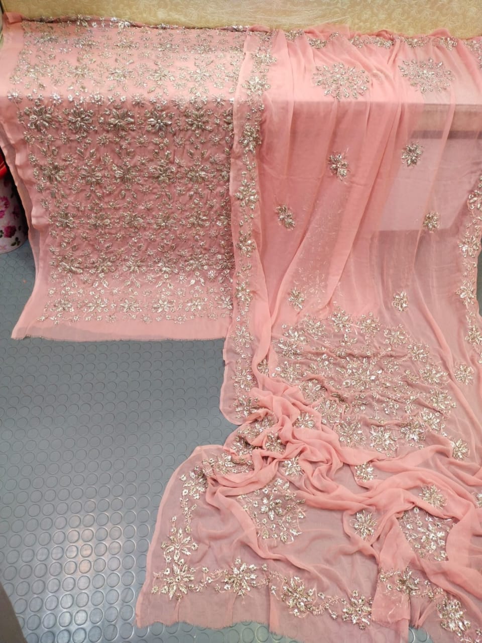 Handmade Marori Gota Full Jaal Chiffon Suit - Tea Pink