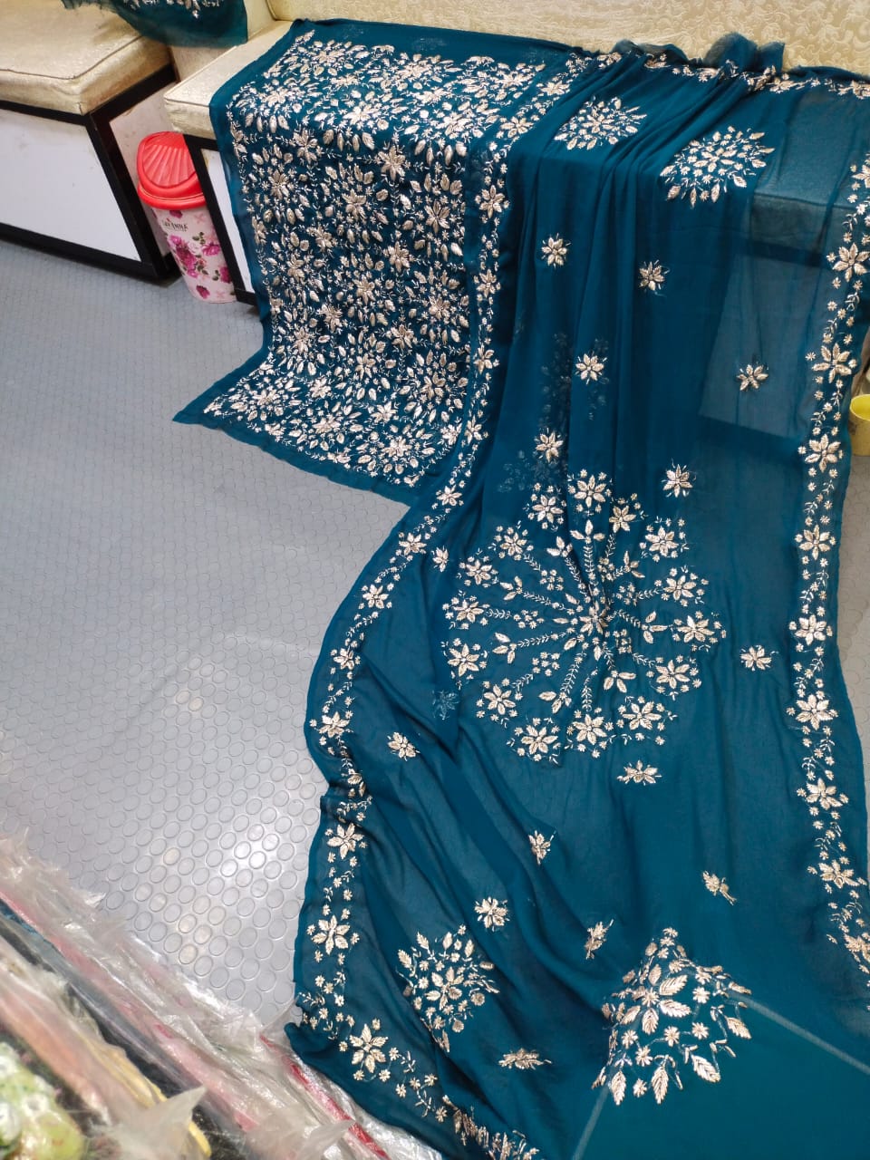 Handmade Marori Gota Full Jaal Chiffon Suit - Teal Blue
