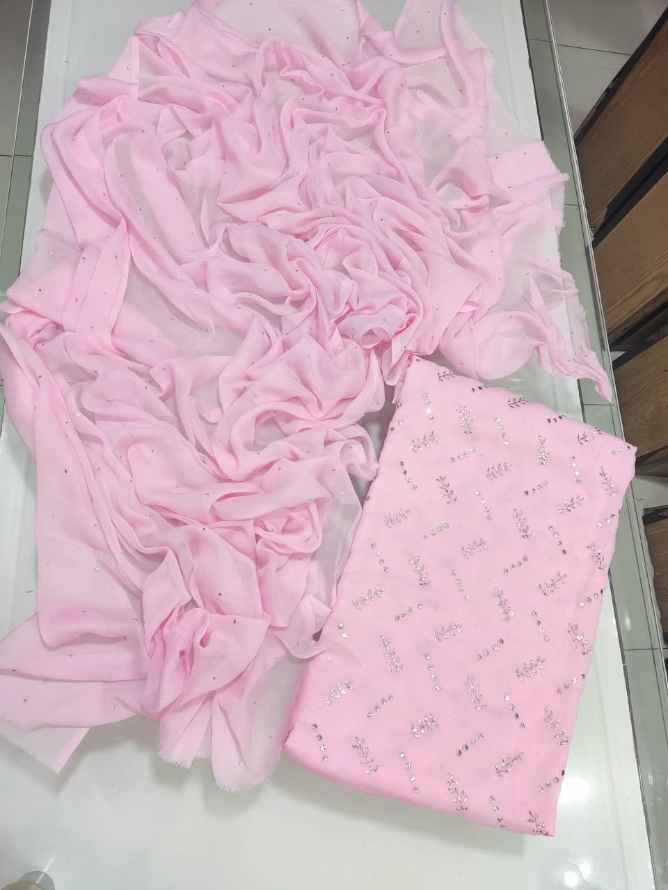 Handmade Mukesh Kamdani Work Suit - 2Pc Shirt & Dupatta - Baby Pink