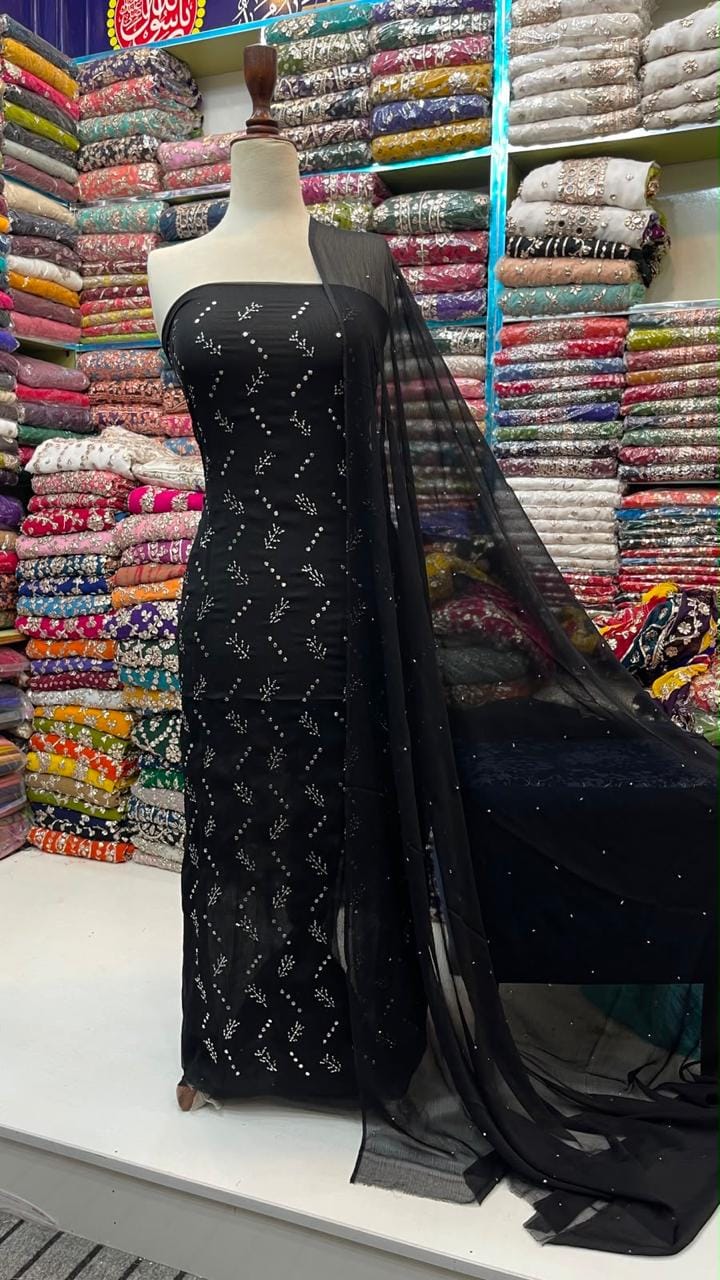 Handmade Mukesh Kamdani Work Suit - 2Pc Shirt & Dupatta - Black