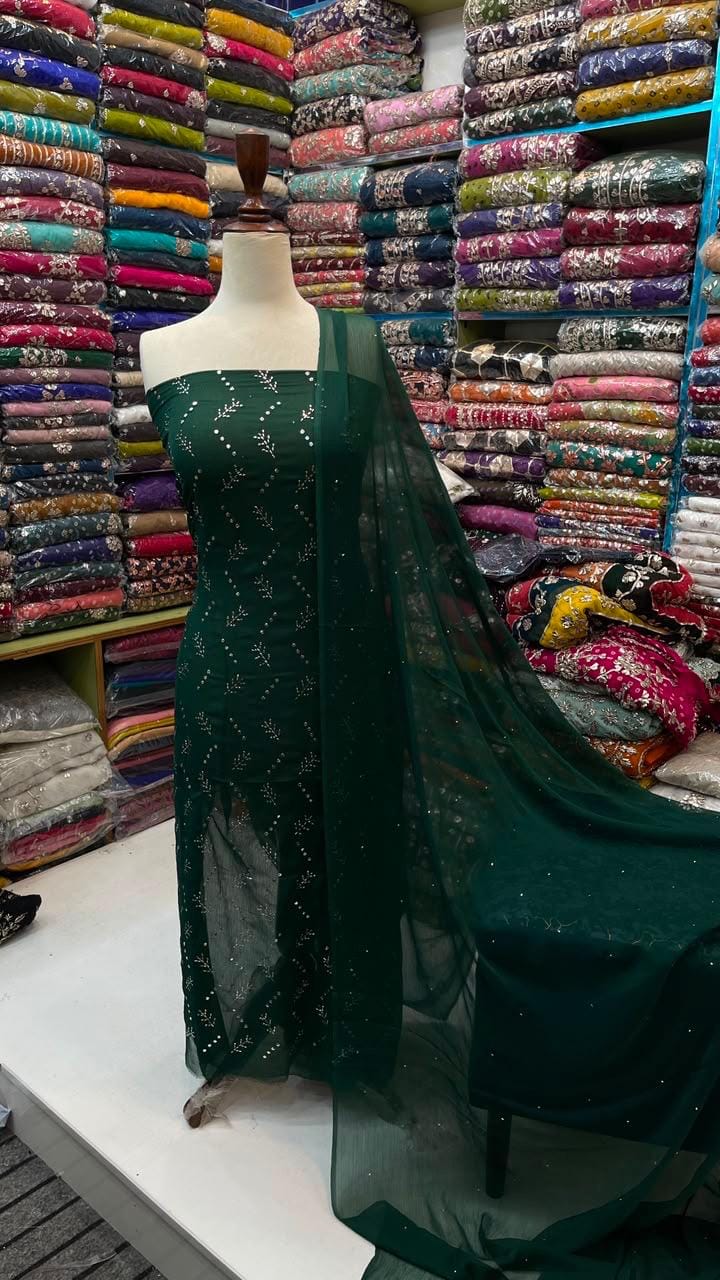 Handmade Mukesh Kamdani Work Suit - 2Pc Shirt & Dupatta - Bottle Green