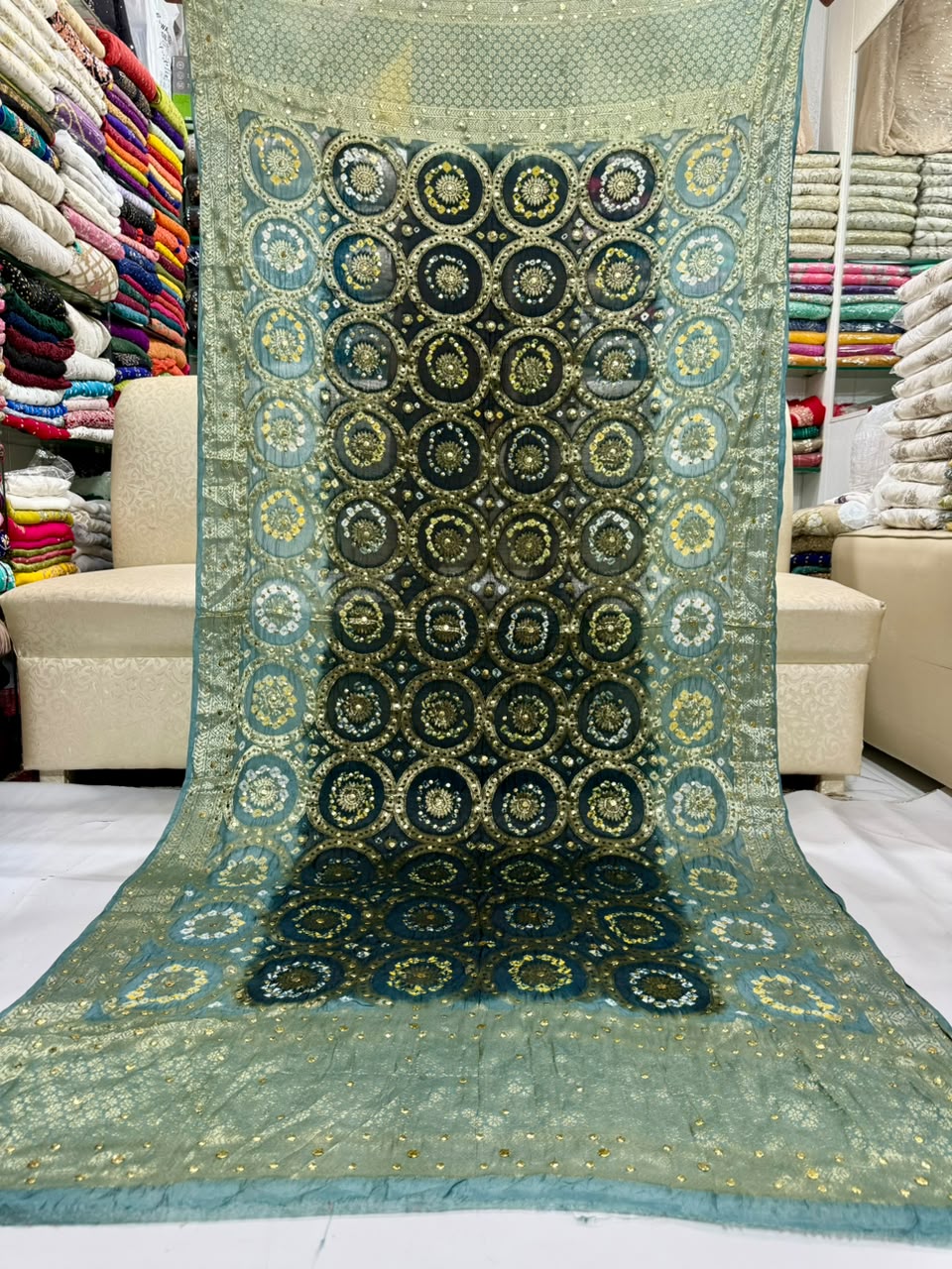Gota & Chunri Mukesh Dupatta - Olive Green & Black