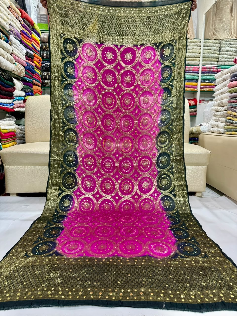 Gota & Chunri Mukesh Dupatta - Bottle Green & Magenta