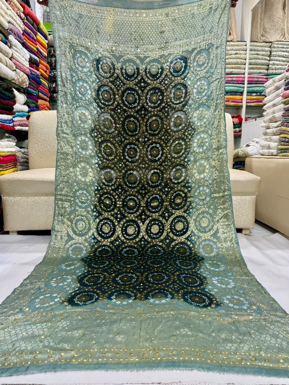 Gota & Chunri Mukesh Dupatta - Sage Green & Black