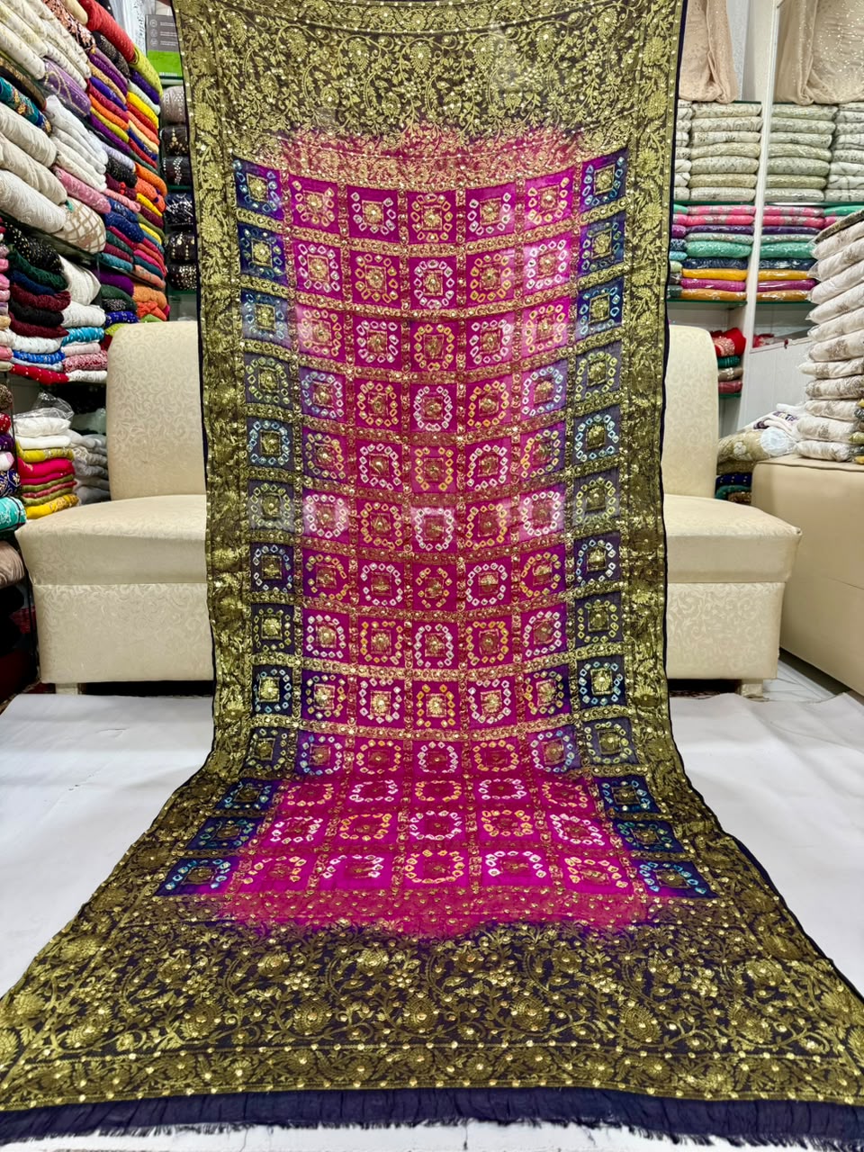 Gota & Chunri Mukesh Dupatta - Navy & Magenta Checks
