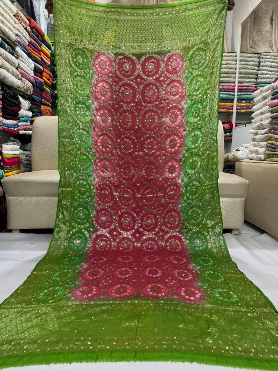 Gota & Chunri Mukesh Dupatta - Green & Pink