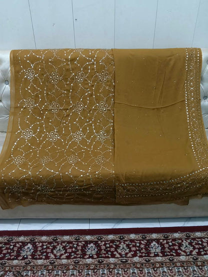 Handmade Mukesh Full Jaal Work Bamber Chiffon Suit - Camel