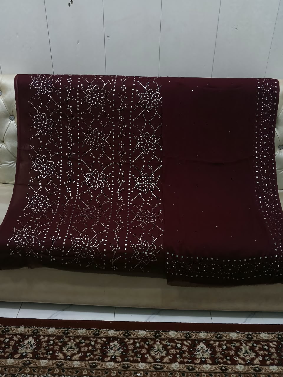 Handmade Mukesh Full Jaal Work Bamber Chiffon Suit - Maroon