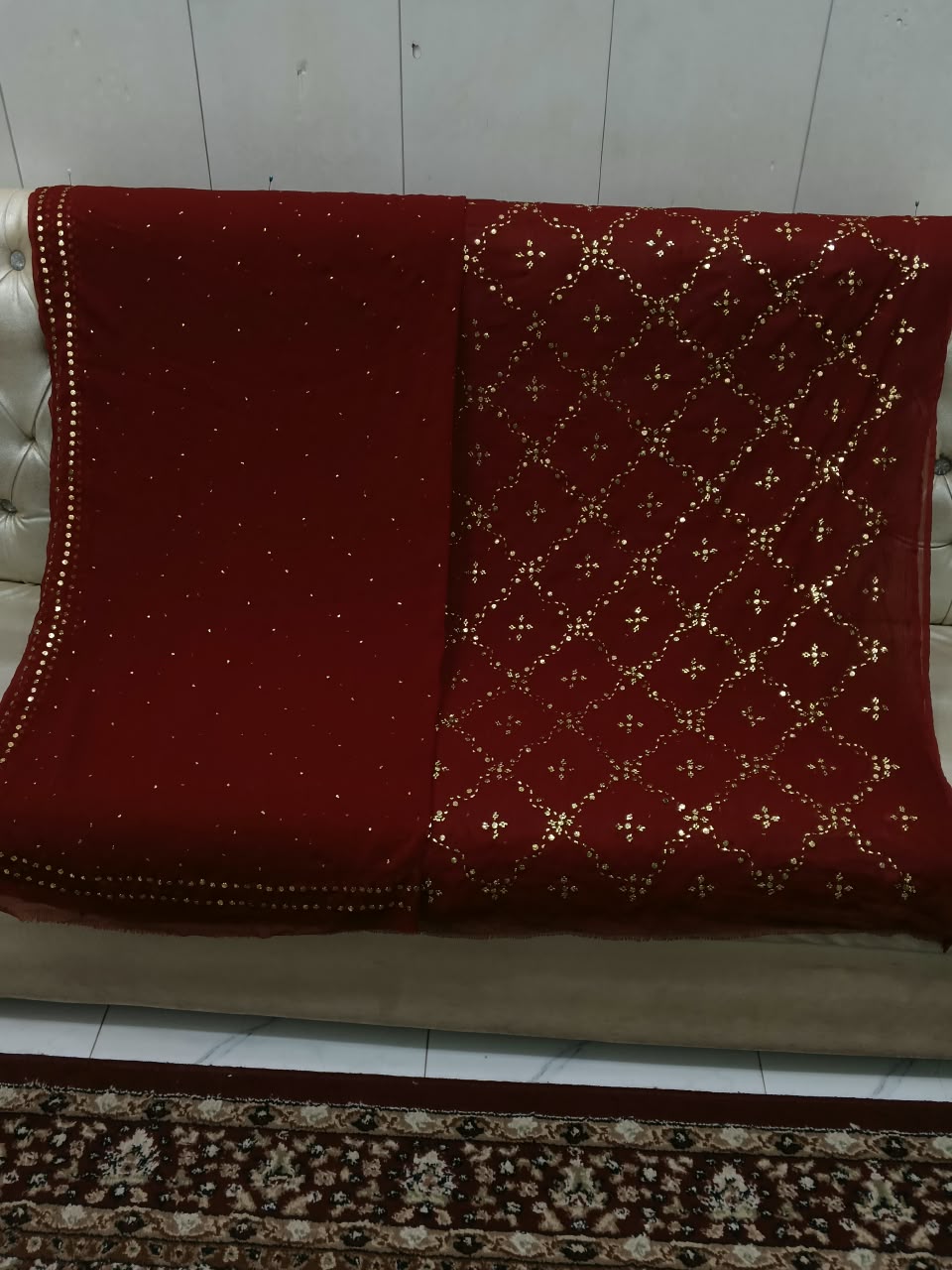 Handmade Mukesh Full Jaal Work Bamber Chiffon Suit - Red
