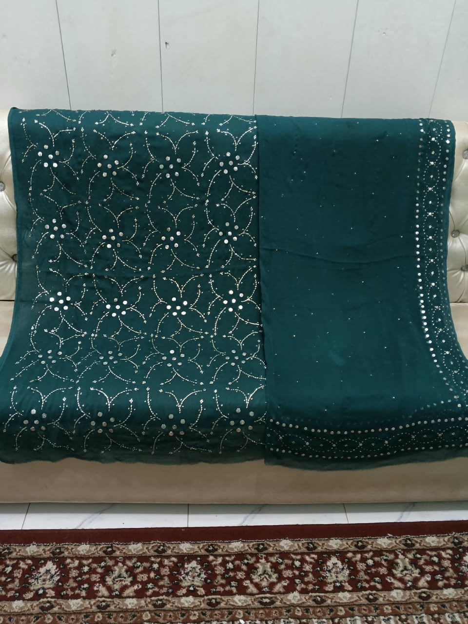 Handmade Mukesh Full Jaal Work Bamber Chiffon Suit - Teal Green