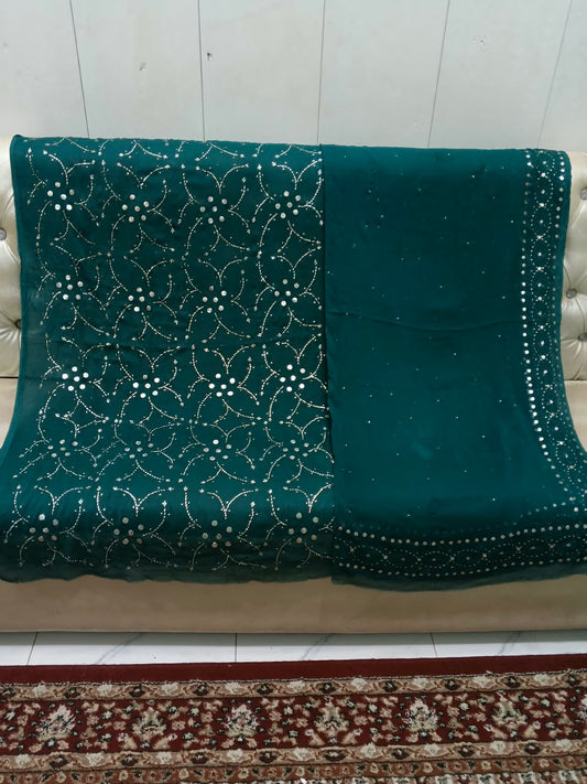 Handmade Mukesh Full Jaal Work Bamber Chiffon Suit - Teal Green