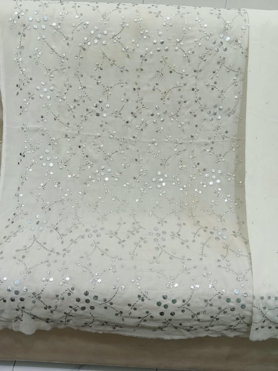 Handmade Mukesh Full Jaal Work Bamber Chiffon Suit - White close-up of mukesh jaal