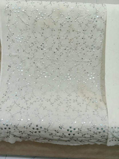 Handmade Mukesh Full Jaal Work Bamber Chiffon Suit - White close-up of mukesh jaal