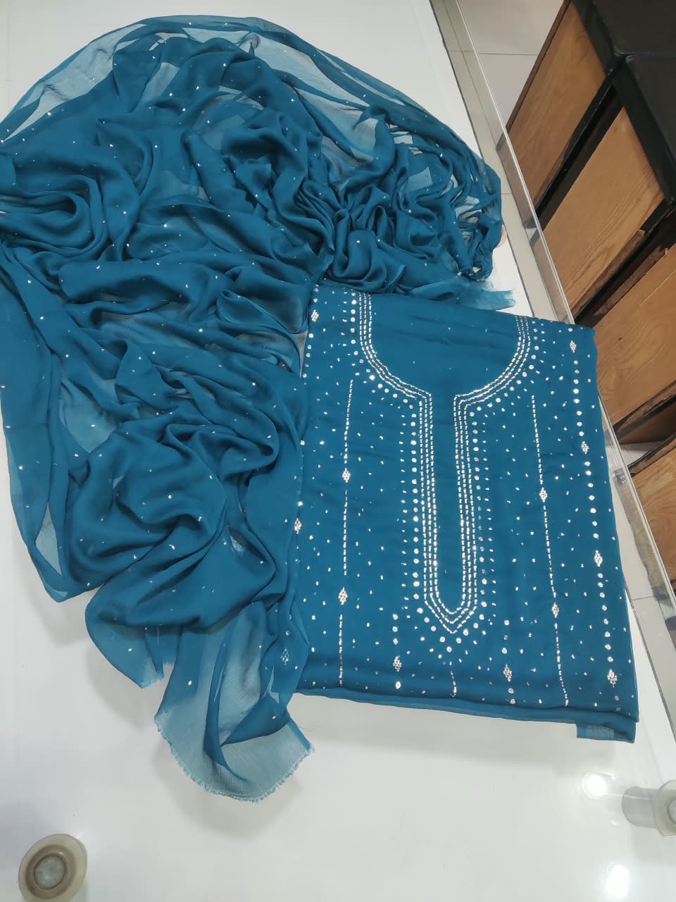 Handmade Mukesh Kamdani Suit - Teal Blue