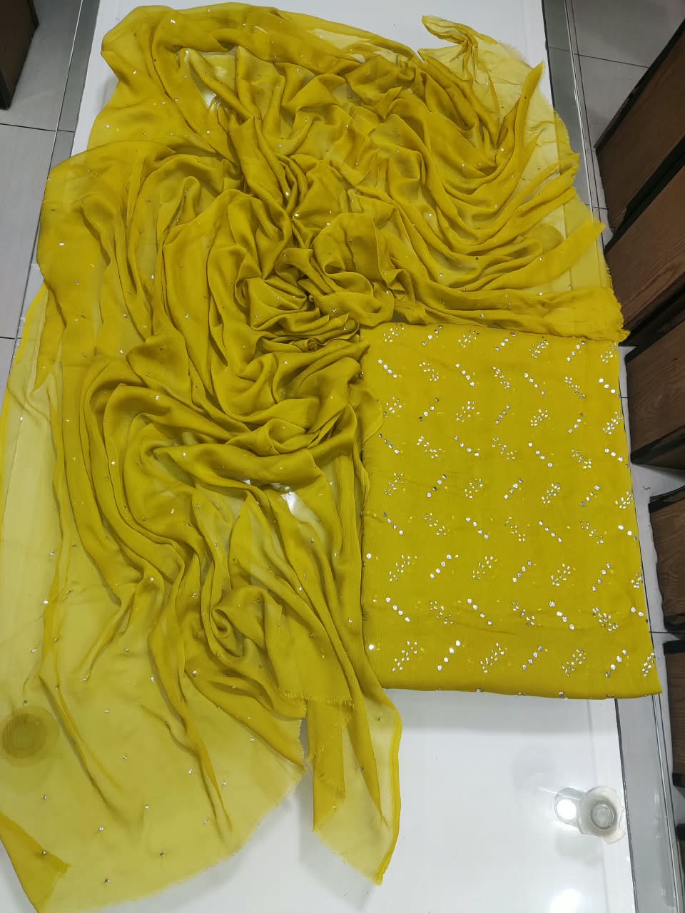 Handmade Mukesh Kamdani Work Suit - 2Pc Shirt & Dupatta - Lemon Yellow