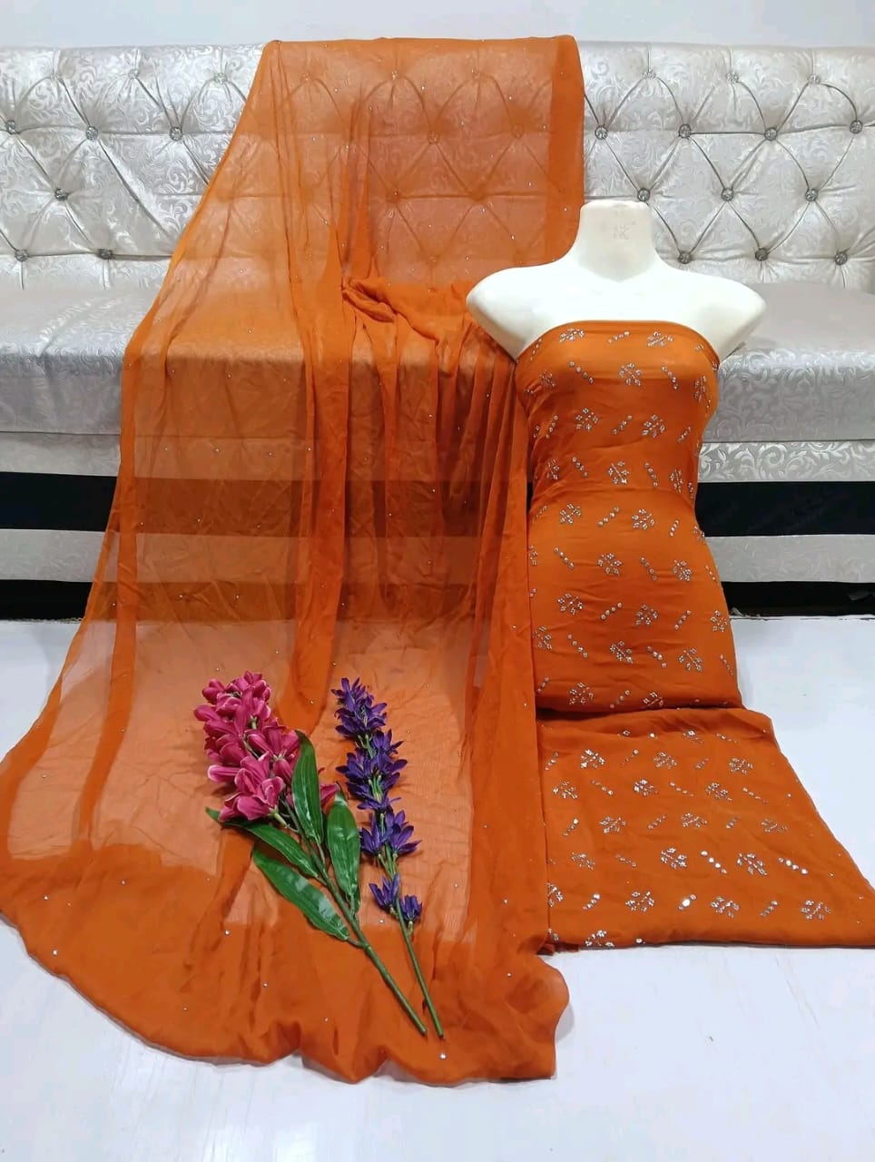 Handmade Mukesh Kamdani Work Suit - 2Pc Shirt & Dupatta - Rust Orange