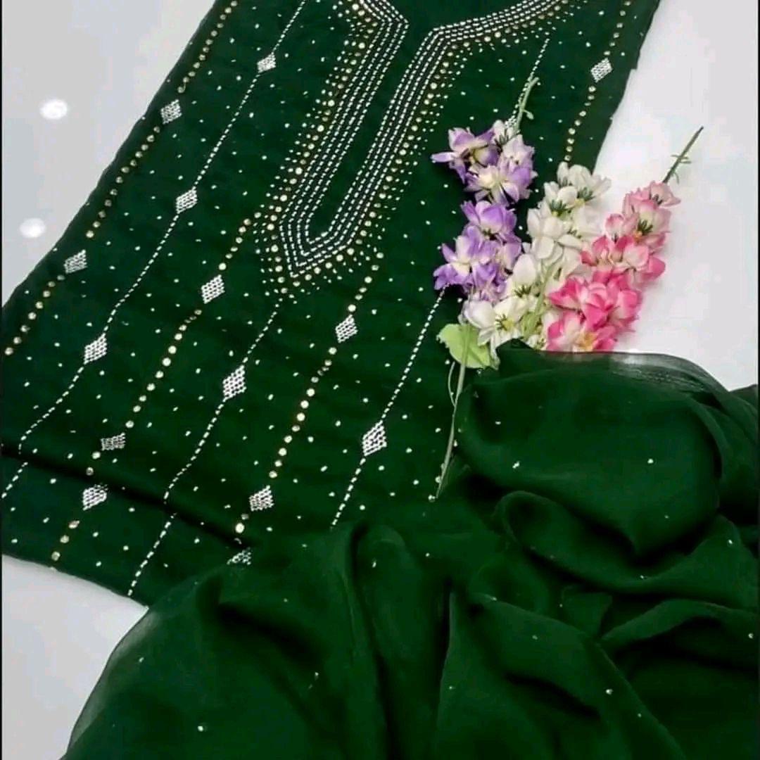 Mukesh Work Shirt & Dupatta - Bottle Green