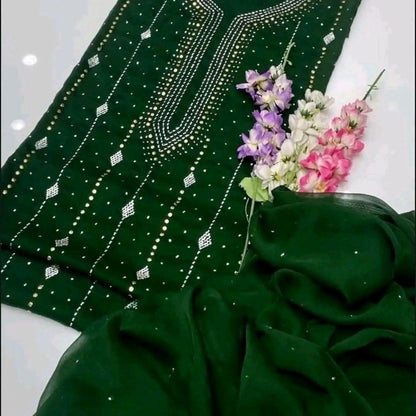 Mukesh Work Shirt & Dupatta - Bottle Green
