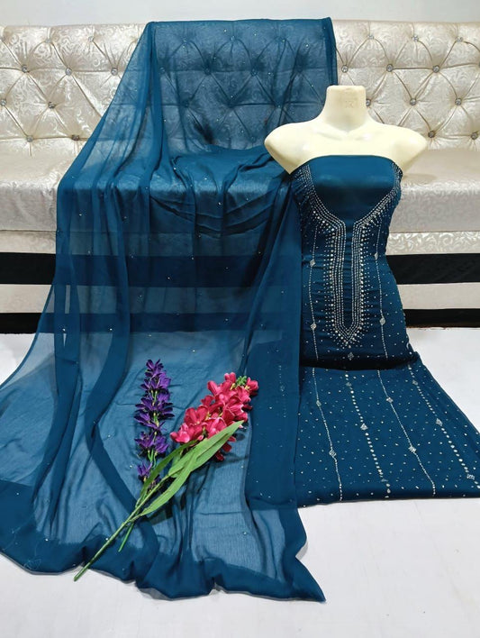 Mukesh Work Shirt & Dupatta - Peacock Blue