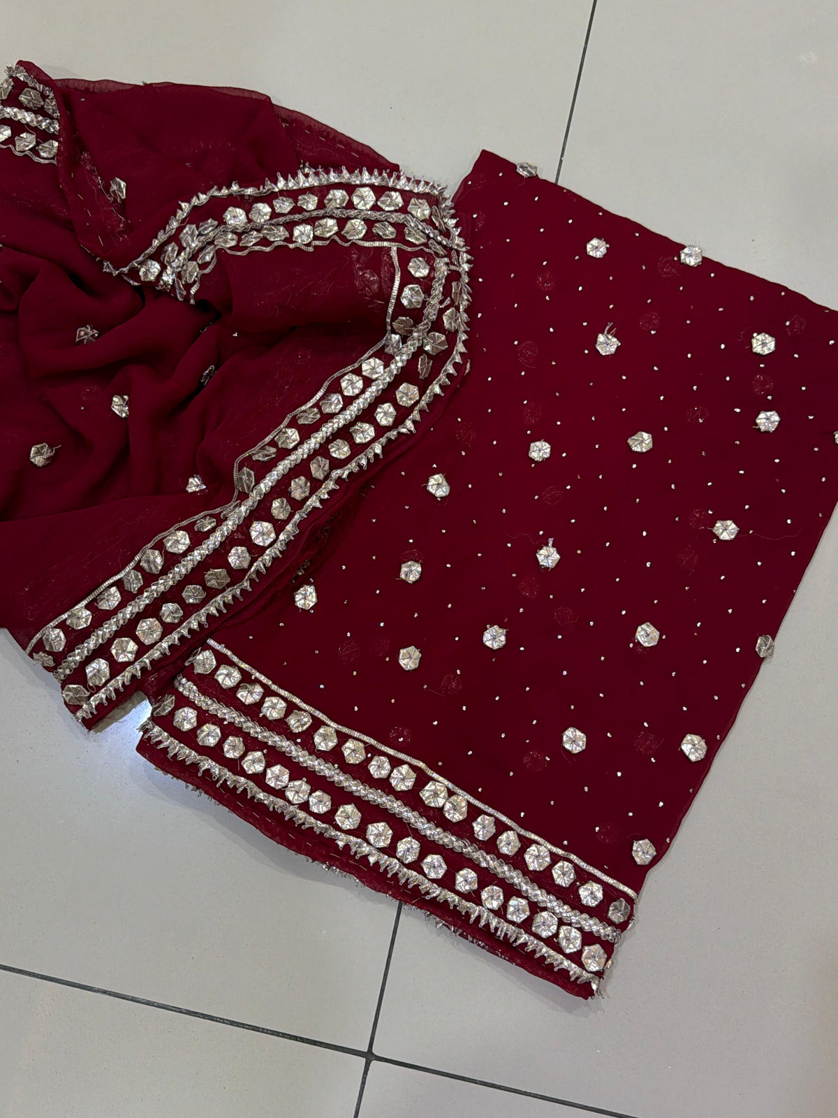 Handmade Mukesh Spray & LCD Gota Work Suit - 2Pc Shirt & Dupatta - Maroon
