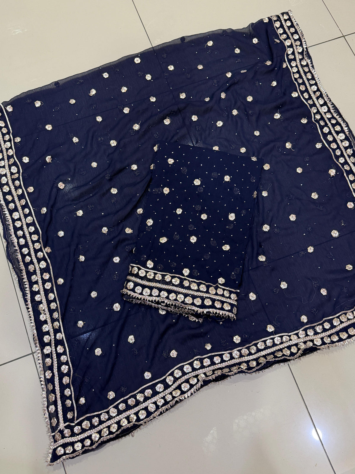 Handmade Mukesh Spray & LCD Gota Work Suit - 2Pc Shirt & Dupatta - Navy Blue