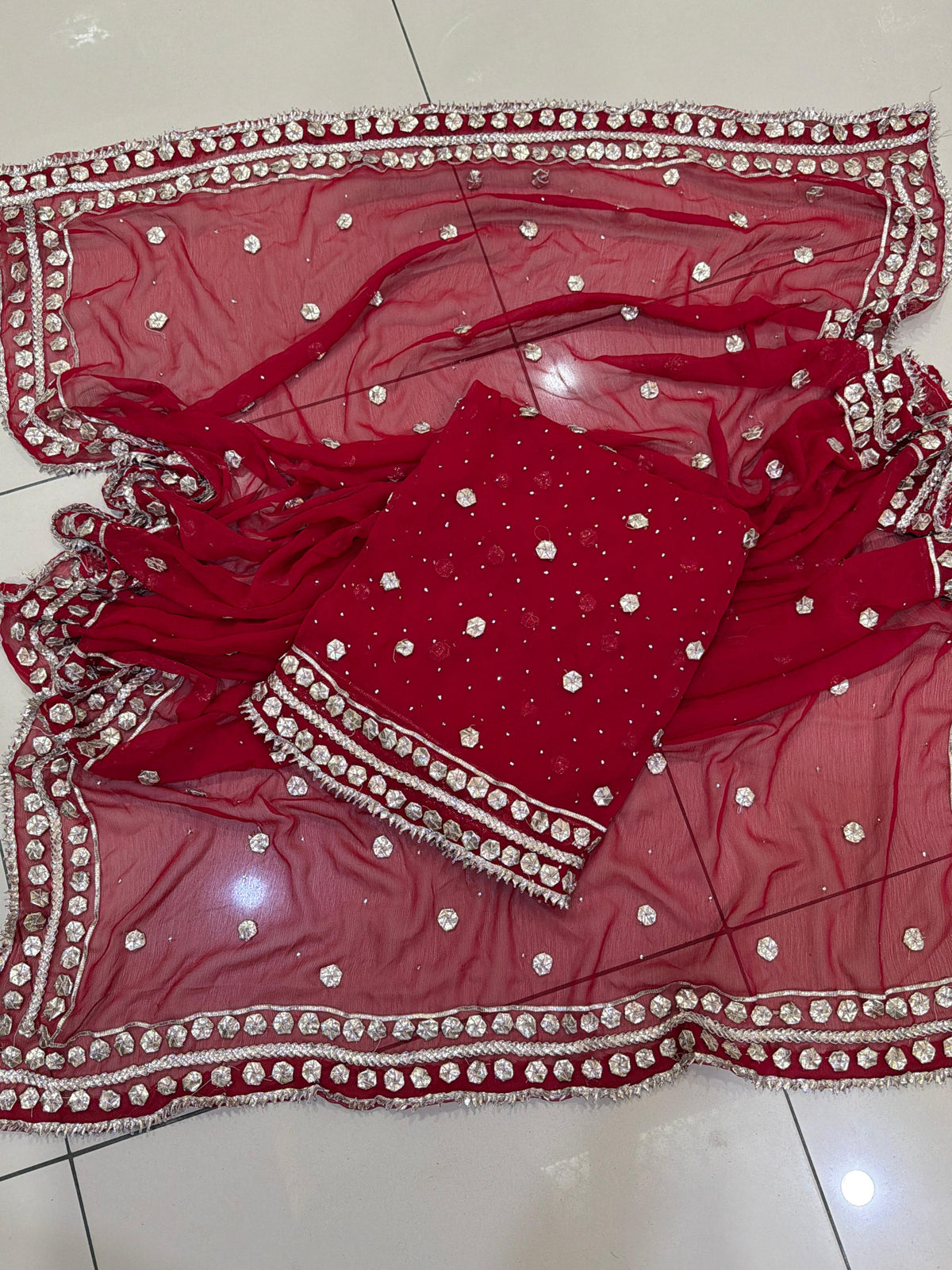 Handmade Mukesh Spray & LCD Gota Work Suit - 2Pc Shirt & Dupatta - Red