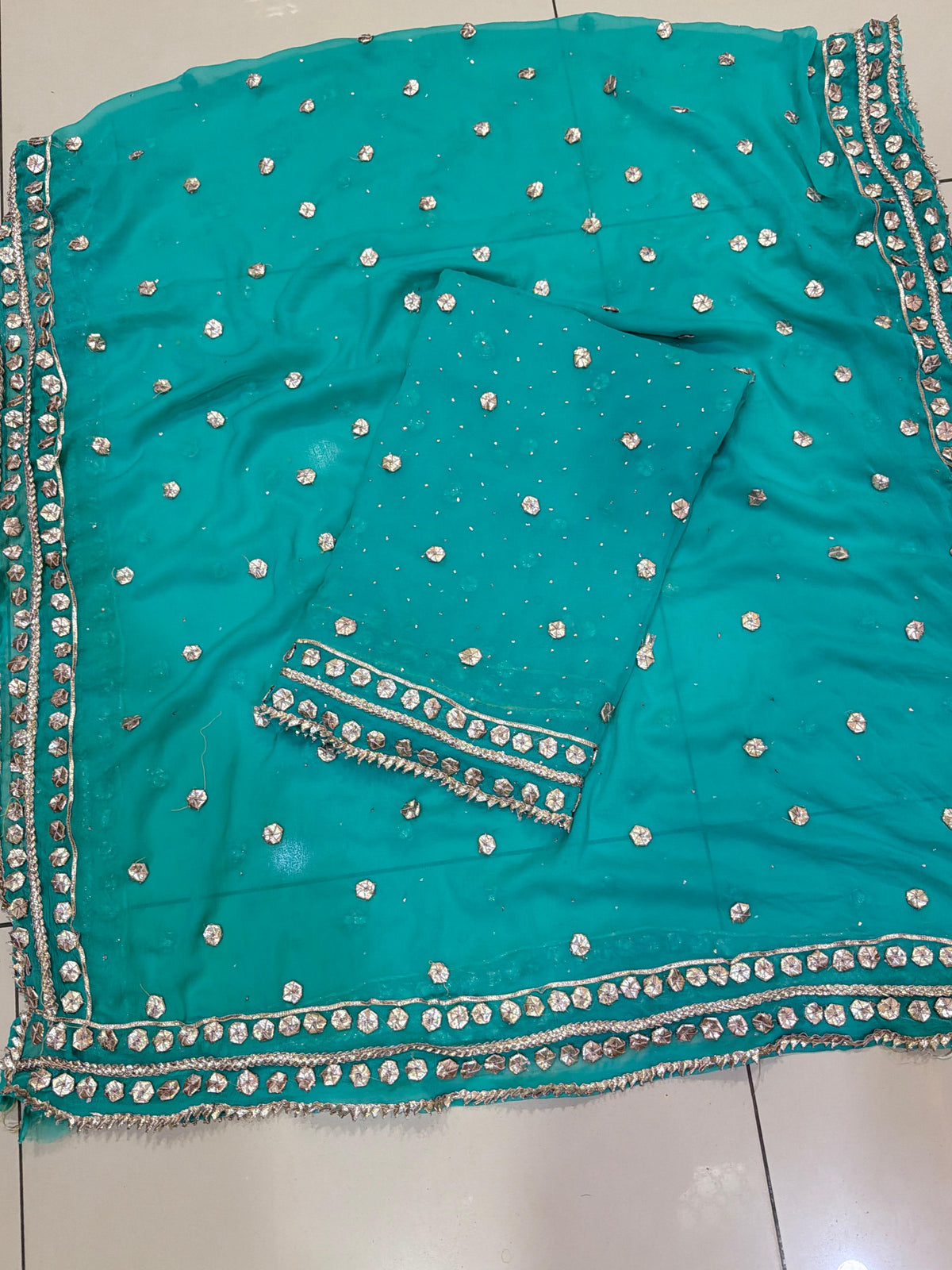 Handmade Mukesh Spray & LCD Gota Work Suit - 2Pc Shirt & Dupatta - Teal