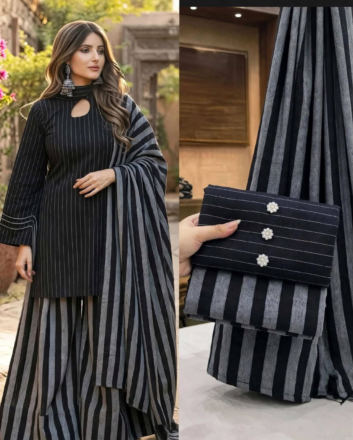 Multani Khaddar Sussi Winter Suit - Black & Grey styled look