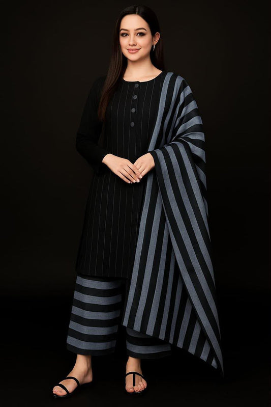 Multani Khaddar Sussi Winter Suit - Black & Grey worn by model