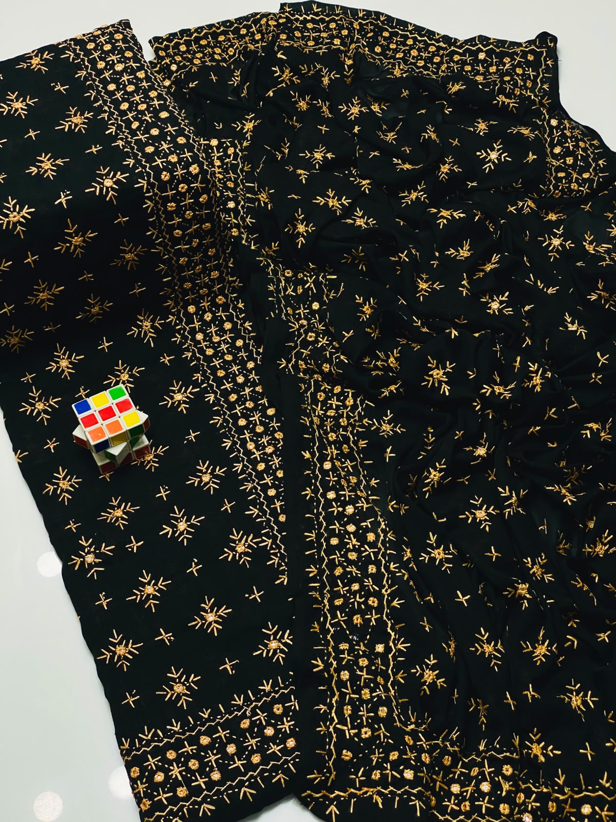 Multani Hand Embroidered Mirror Work Chadar - Black with Golden embroidery