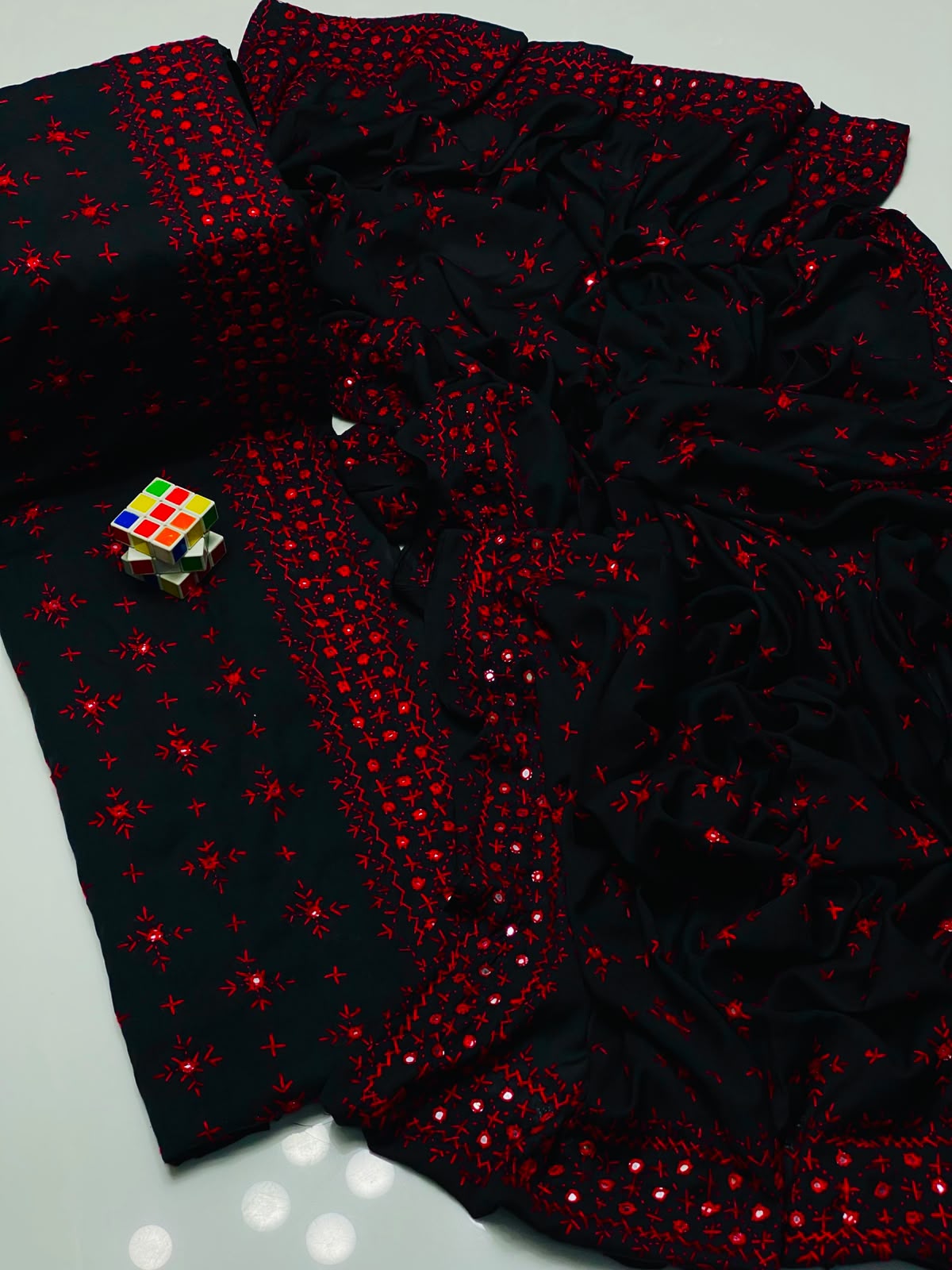 Multani Hand Embroidered Mirror Work Chadar - Black with Red Mirror embroidery