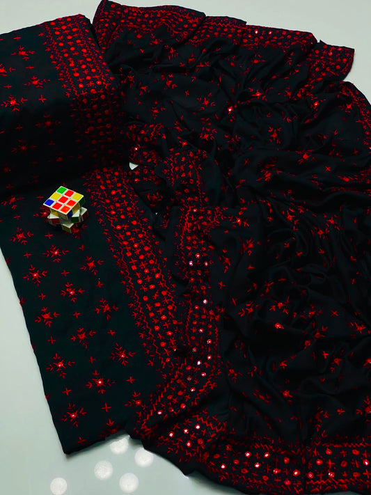 Multani Hand Embroidered Mirror Work Chadar - Black with Red Mirror embroidery