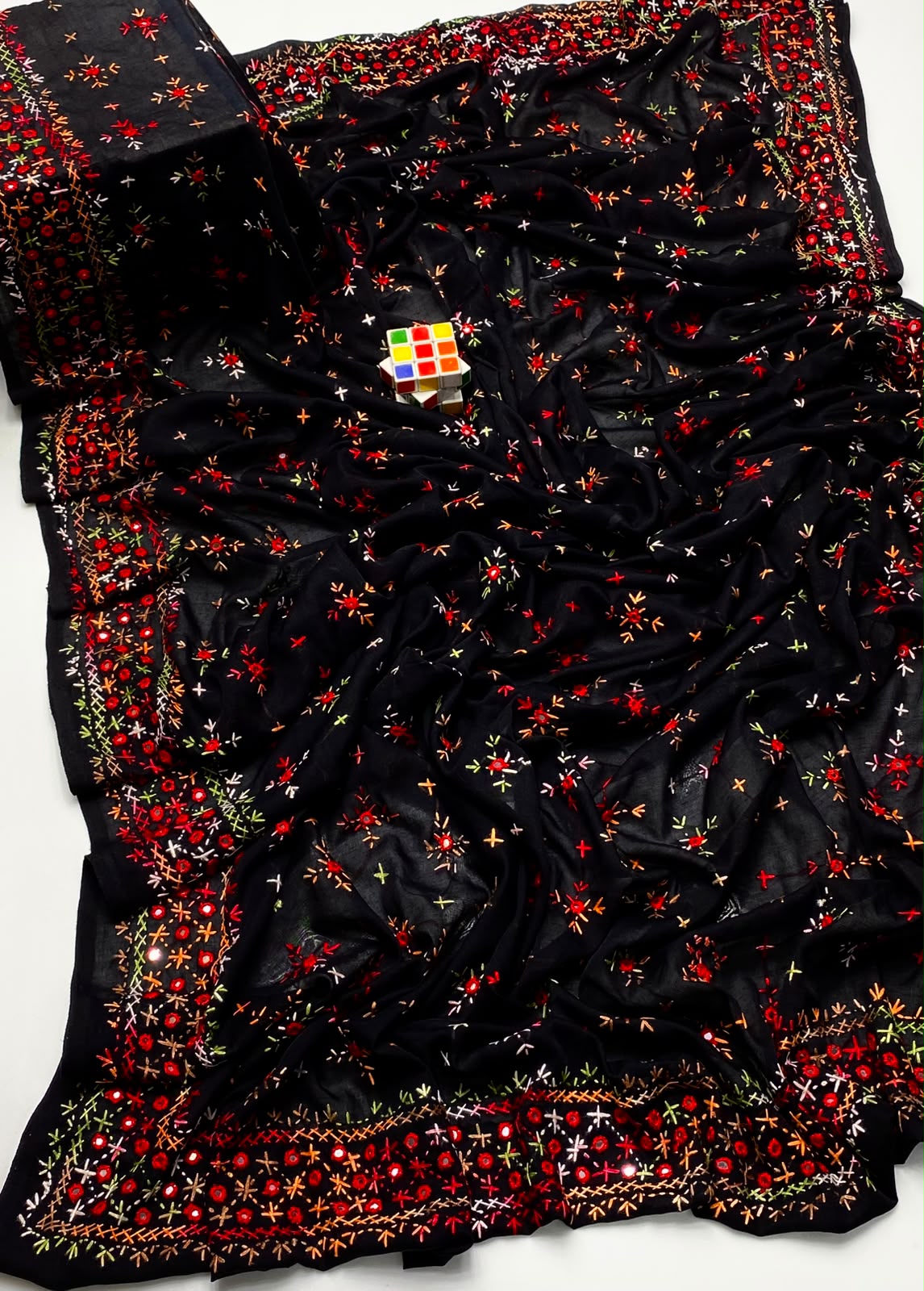 Multani Hand Embroidered Mirror Work Chadar - Red Multi embroidery detail