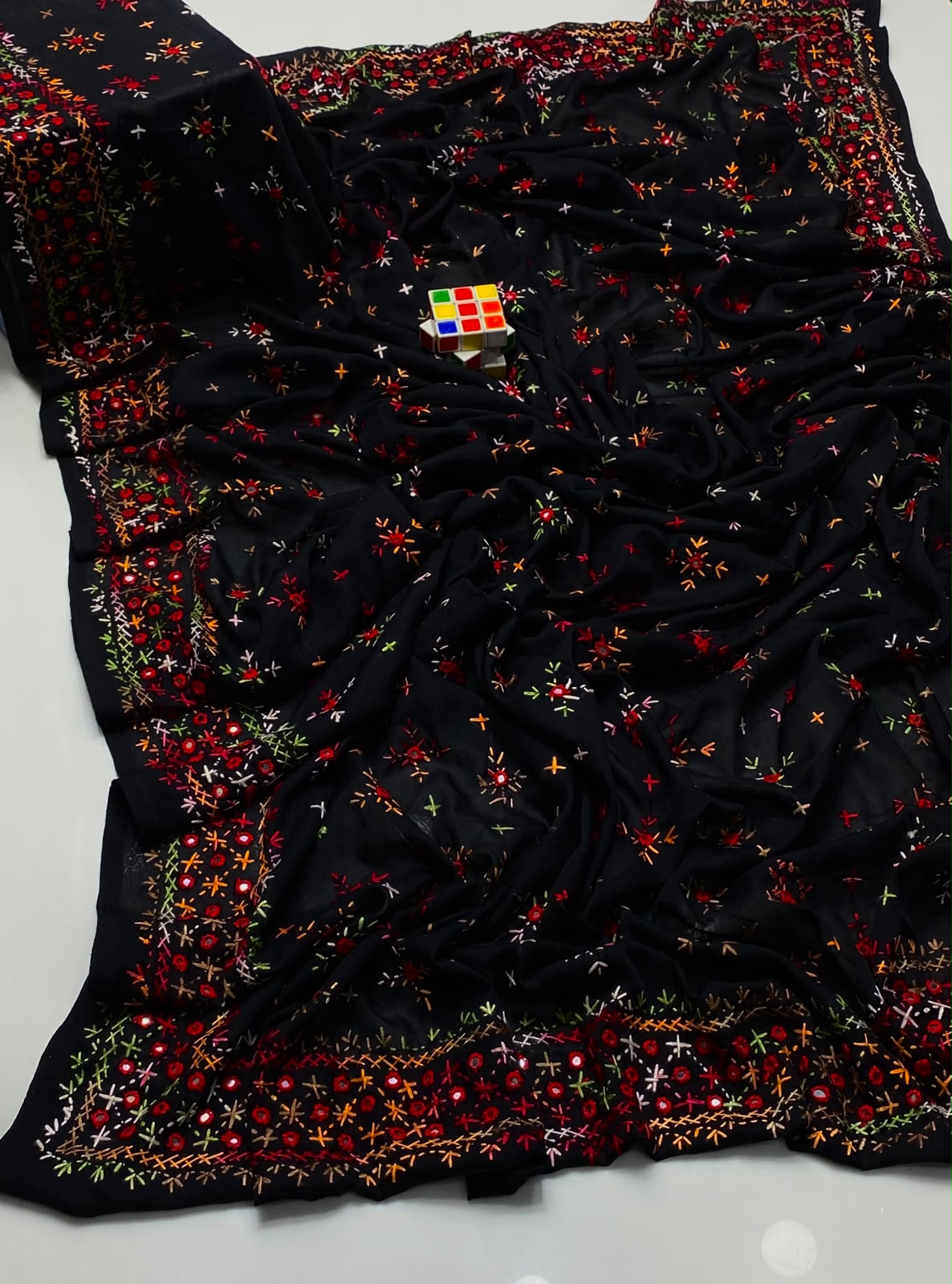 Multani Hand Embroidered Mirror Work Chadar - Black with Red Multi embroidery