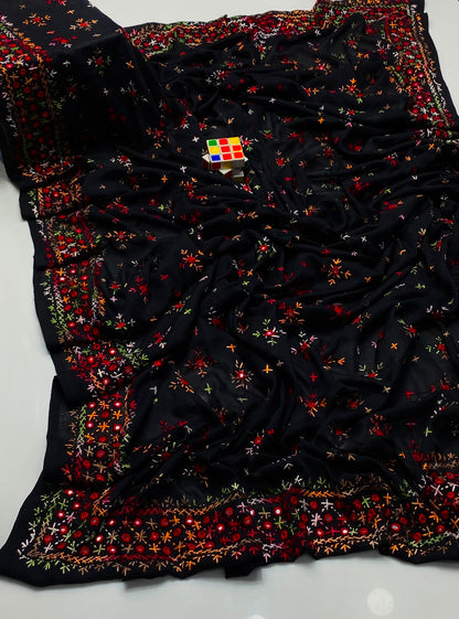Multani Hand Embroidered Mirror Work Chadar - Black with Red Multi embroidery