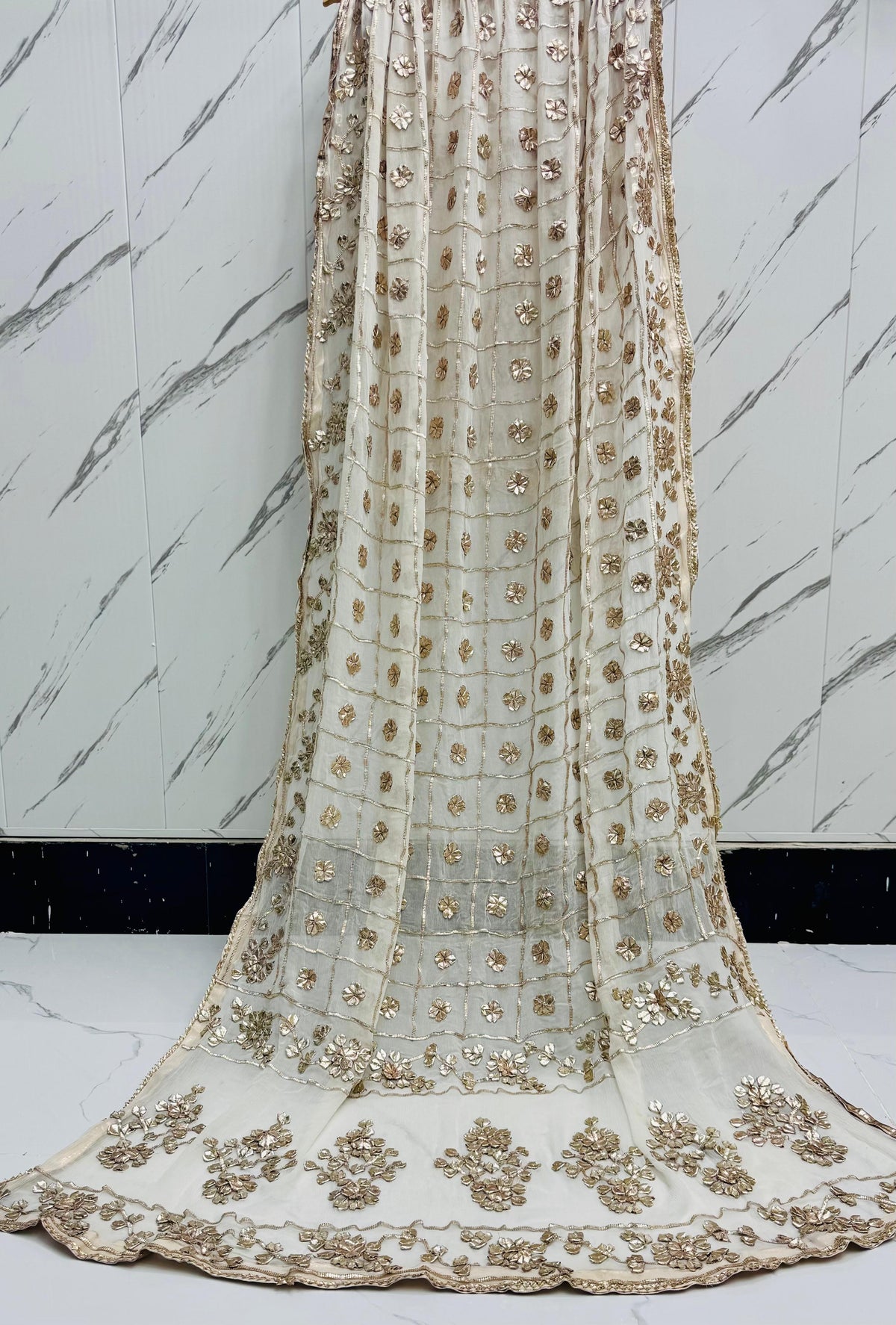 Handmade Off-White Chunri & LCD Gota Work Bamber Chiffon Dupatta - Design 1