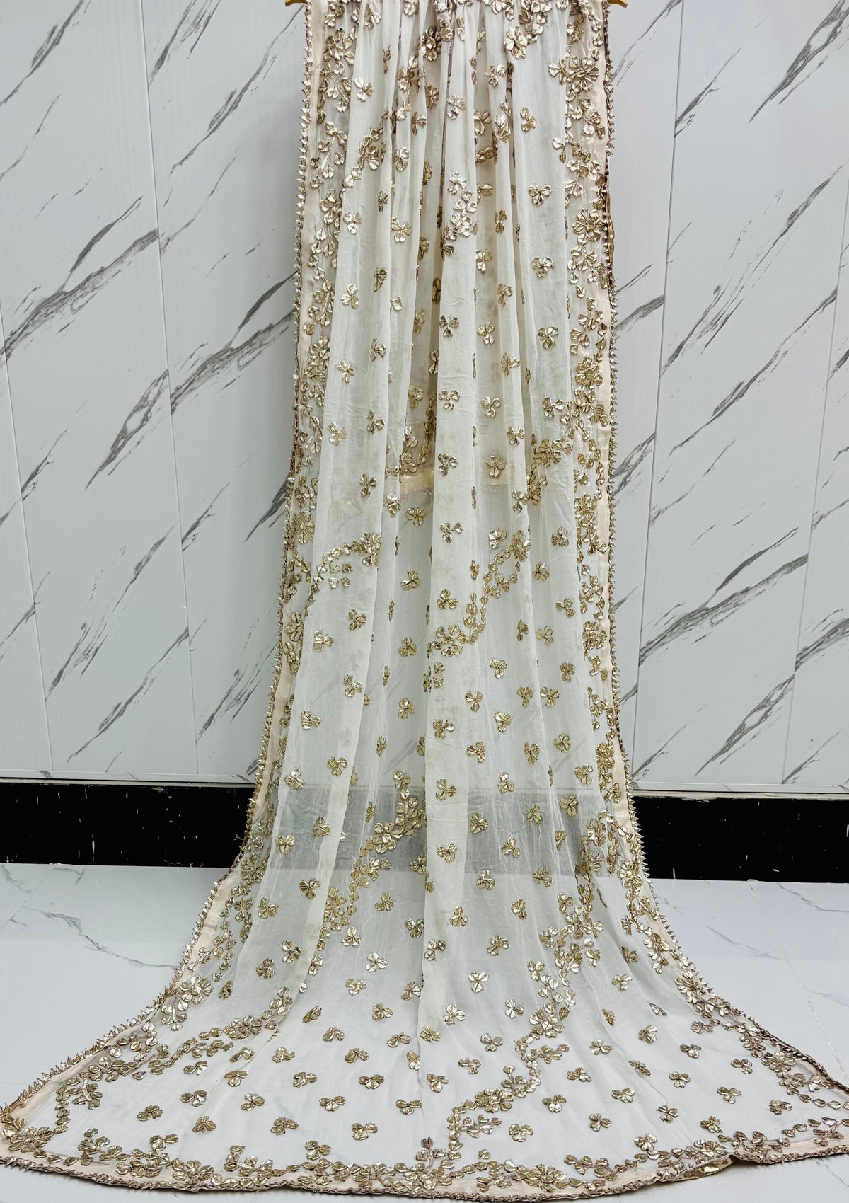 Handmade Off-White Chunri & LCD Gota Work Bamber Chiffon Dupatta - Design 2