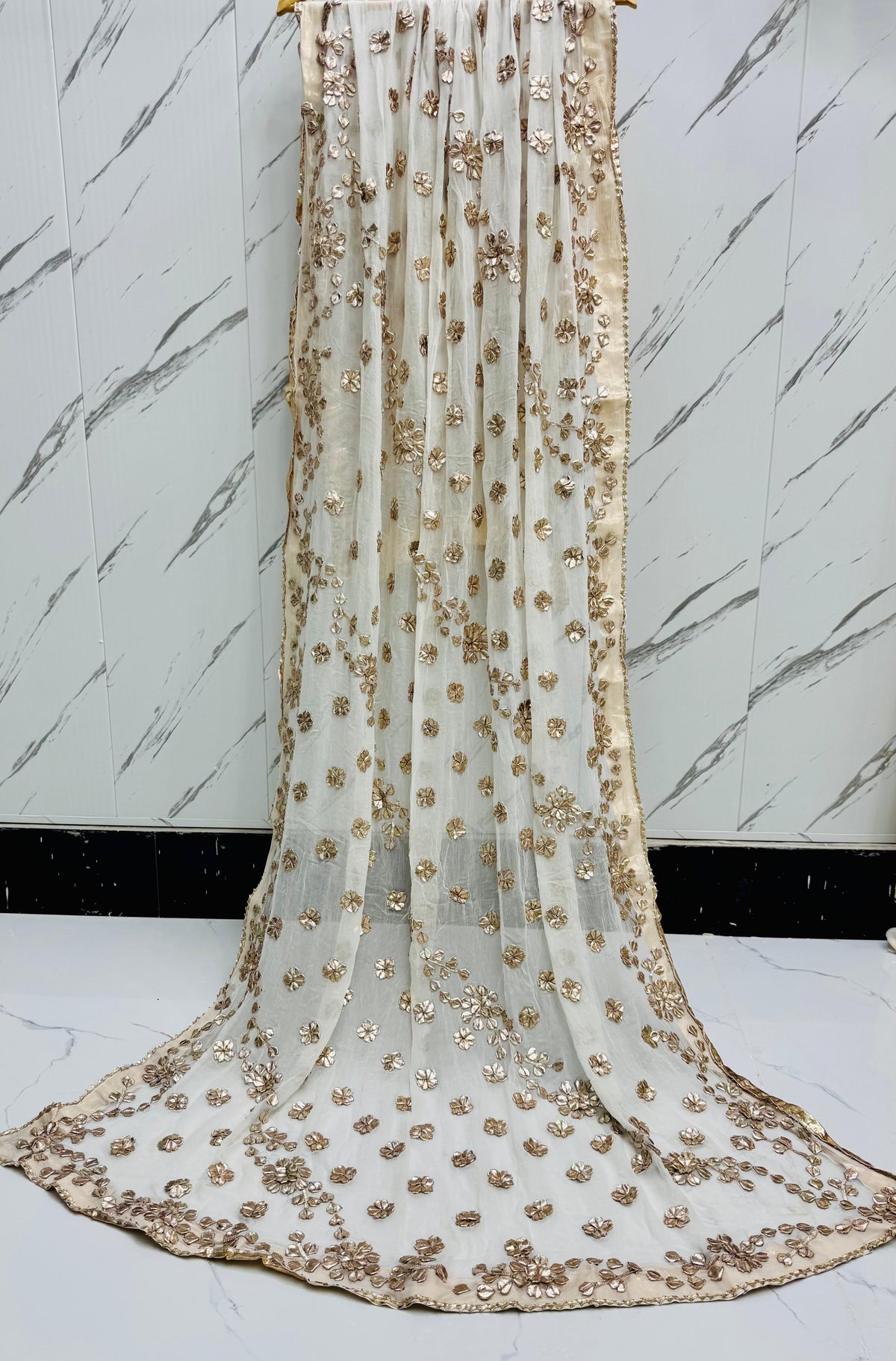 Handmade Off-White Chunri & LCD Gota Work Bamber Chiffon Dupatta - Design 3