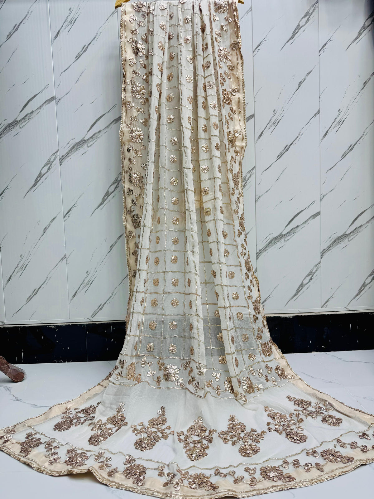 Handmade Off-White Chunri & LCD Gota Work Bamber Chiffon Dupatta - Design 4