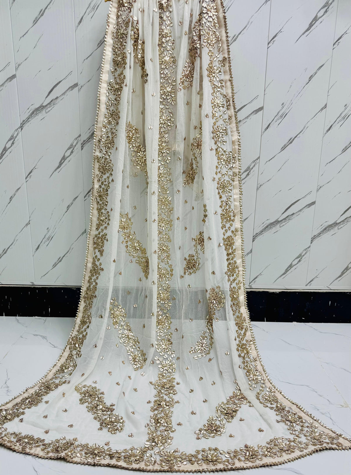 Handmade Off-White Chunri & LCD Gota Work Bamber Chiffon Dupatta - Design 5