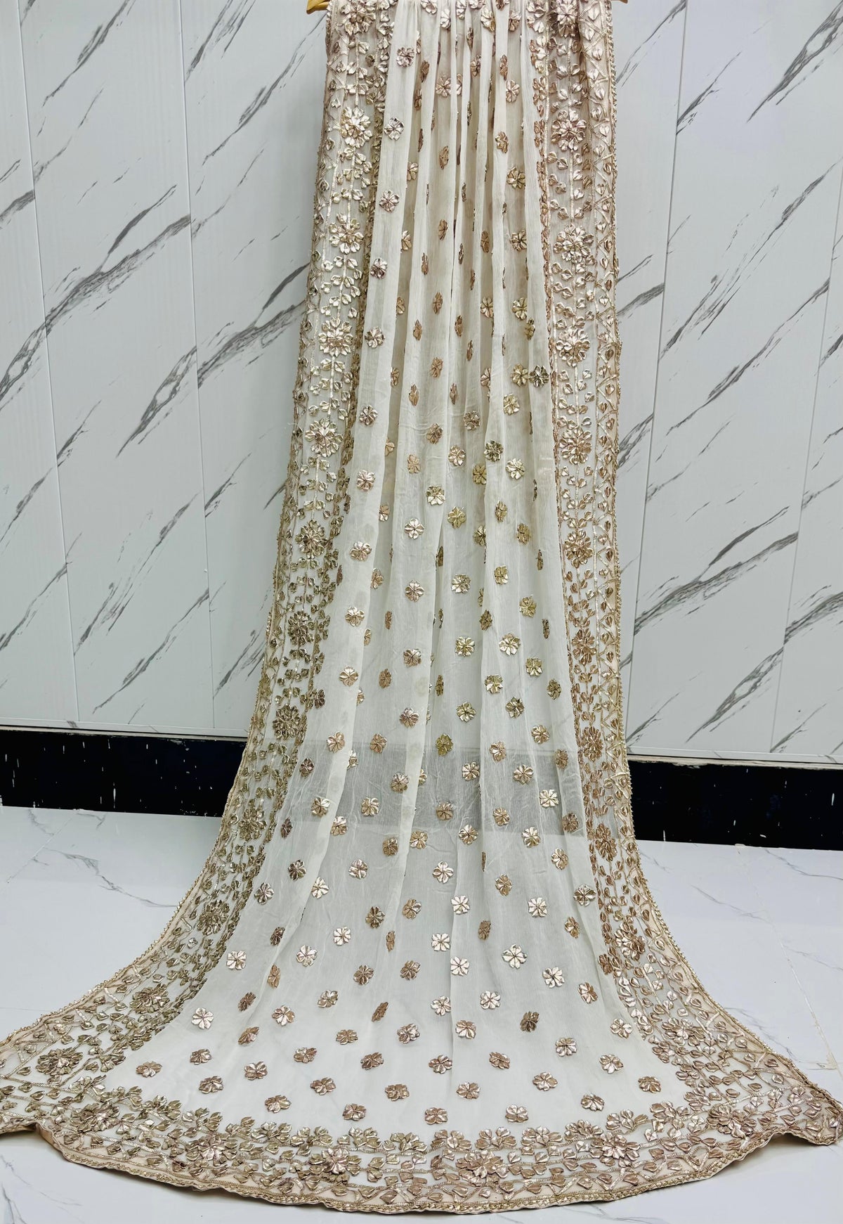 Handmade Off-White Chunri & LCD Gota Work Bamber Chiffon Dupatta - Design 6