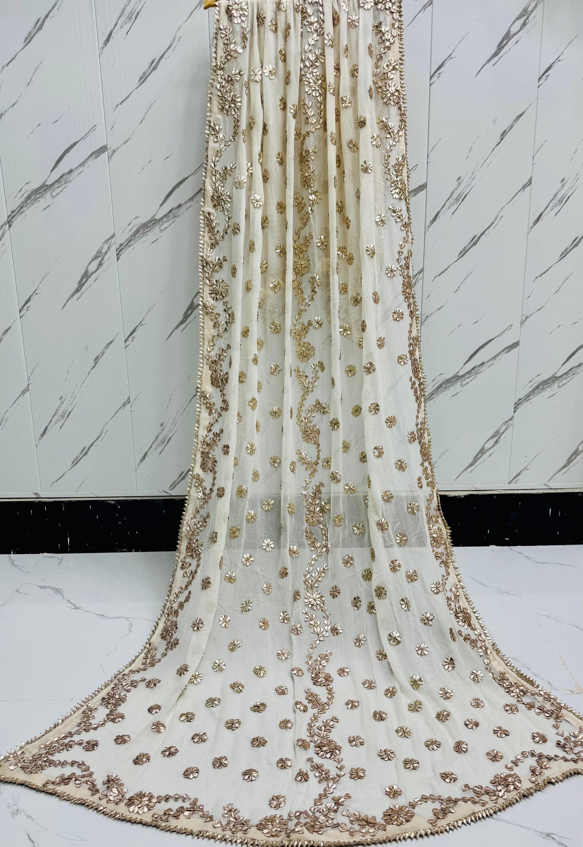 Handmade Off-White Chunri & LCD Gota Work Bamber Chiffon Dupatta - Design 7
