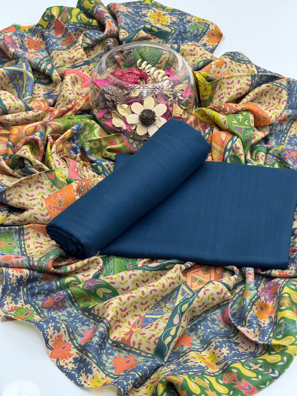 Pashmina Wool Suit - 3Pc Shirt, Trouser & Printed Shawl - Teal Blue