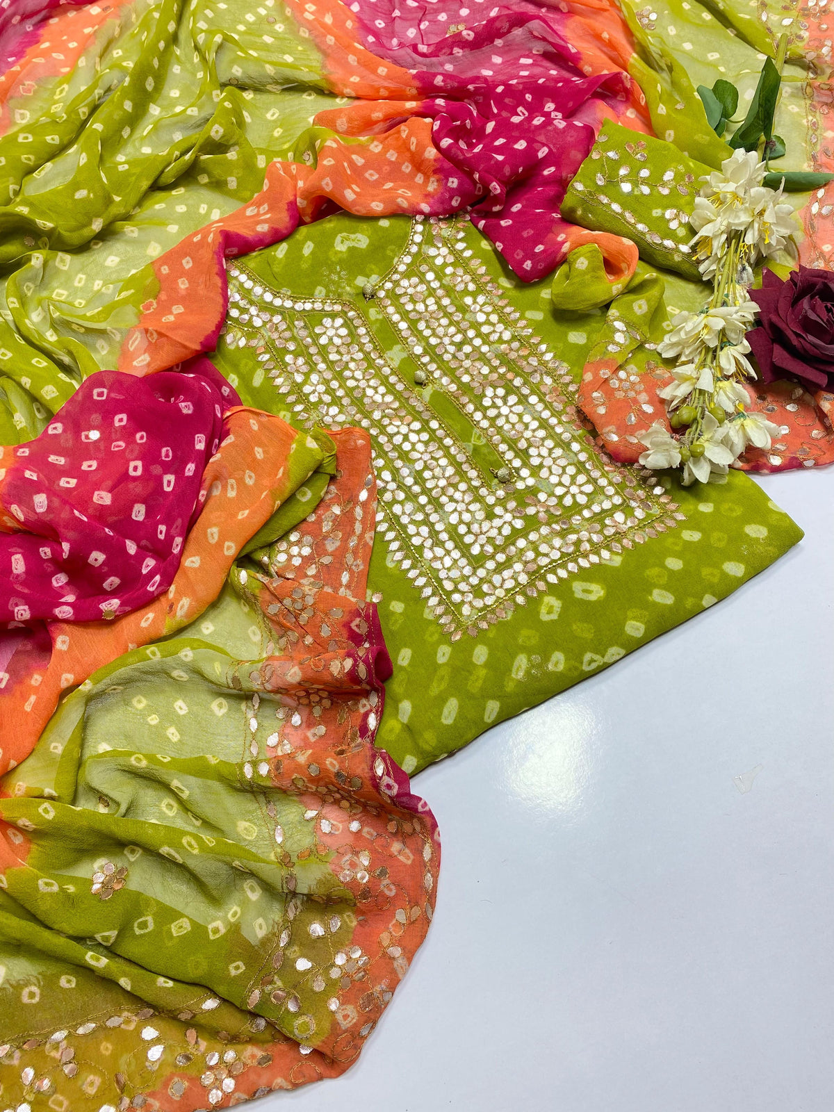 Chunri Pasting Gota Work Suit - Green & Orange