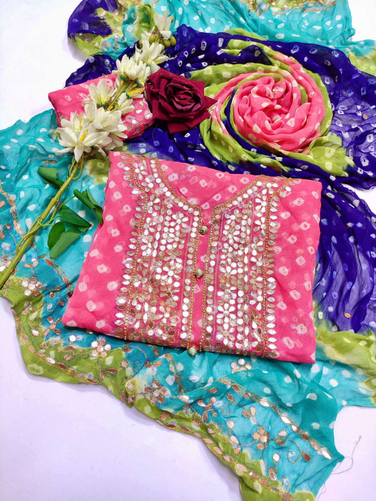 Chunri Pasting Gota Work Suit - Pink & Turquoise