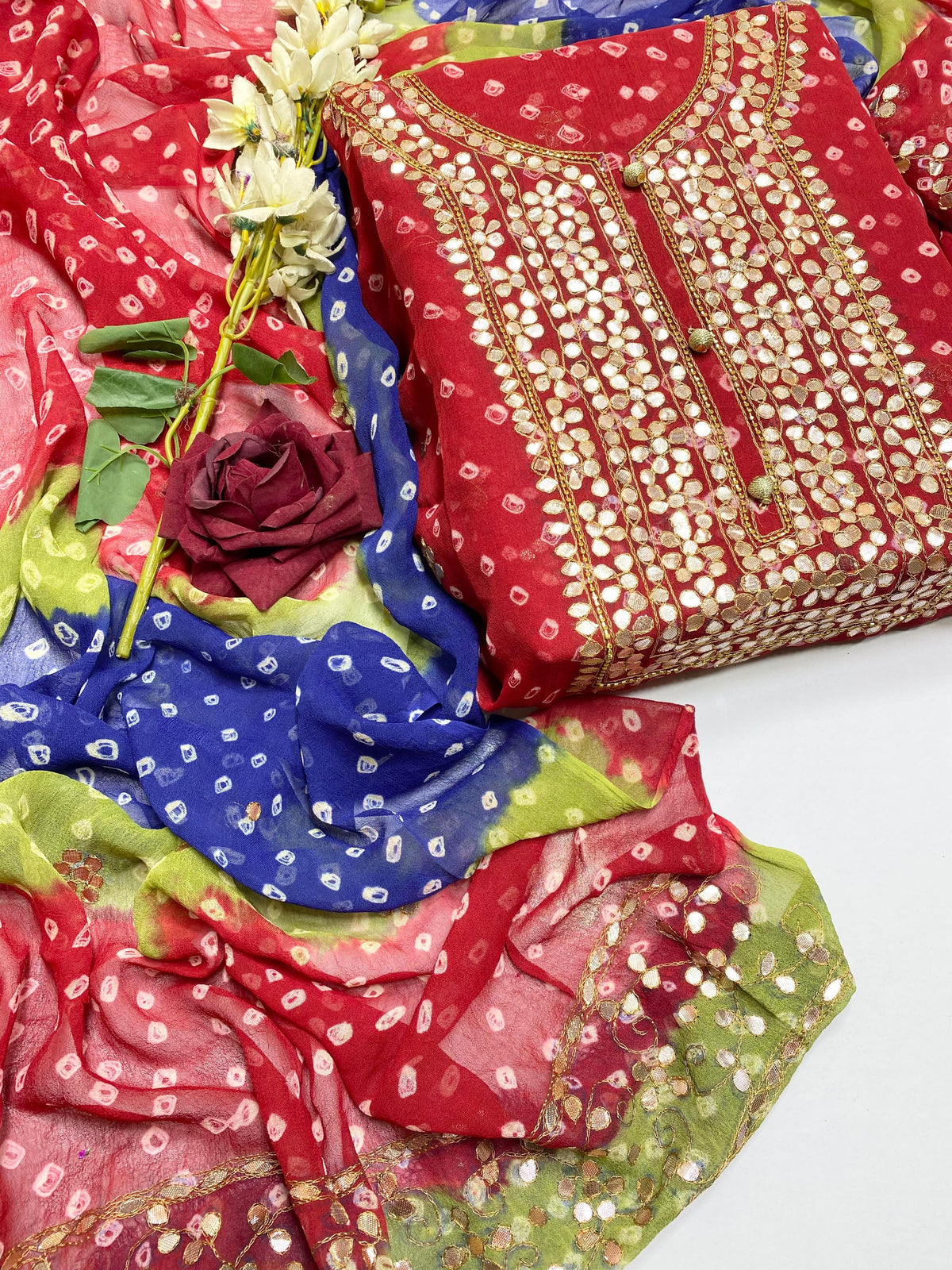 Chunri Pasting Gota Work Suit - Red & Blue