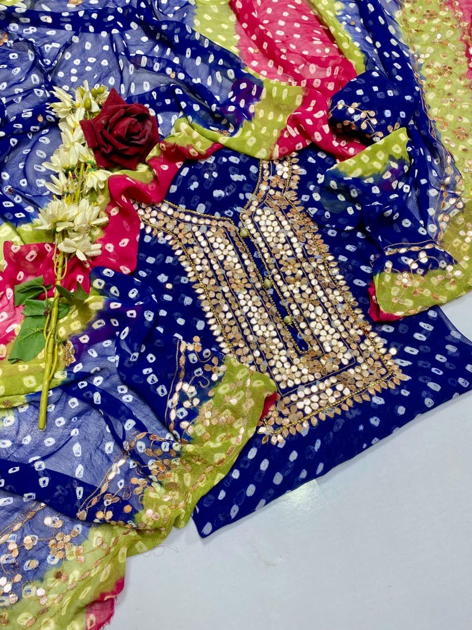 Chunri Pasting Gota Work Suit - Royal Blue & Pink